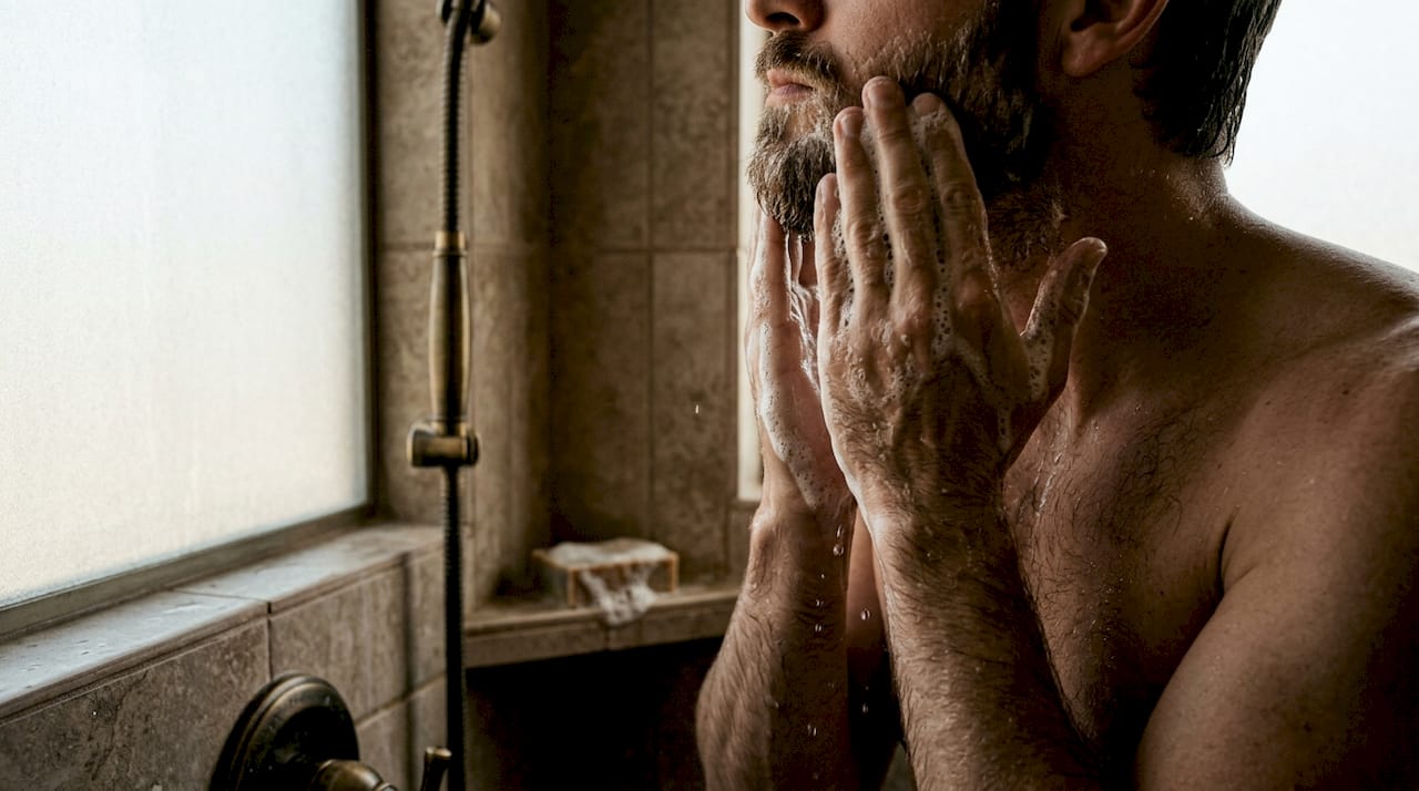 Hands lathering beard soap in shower