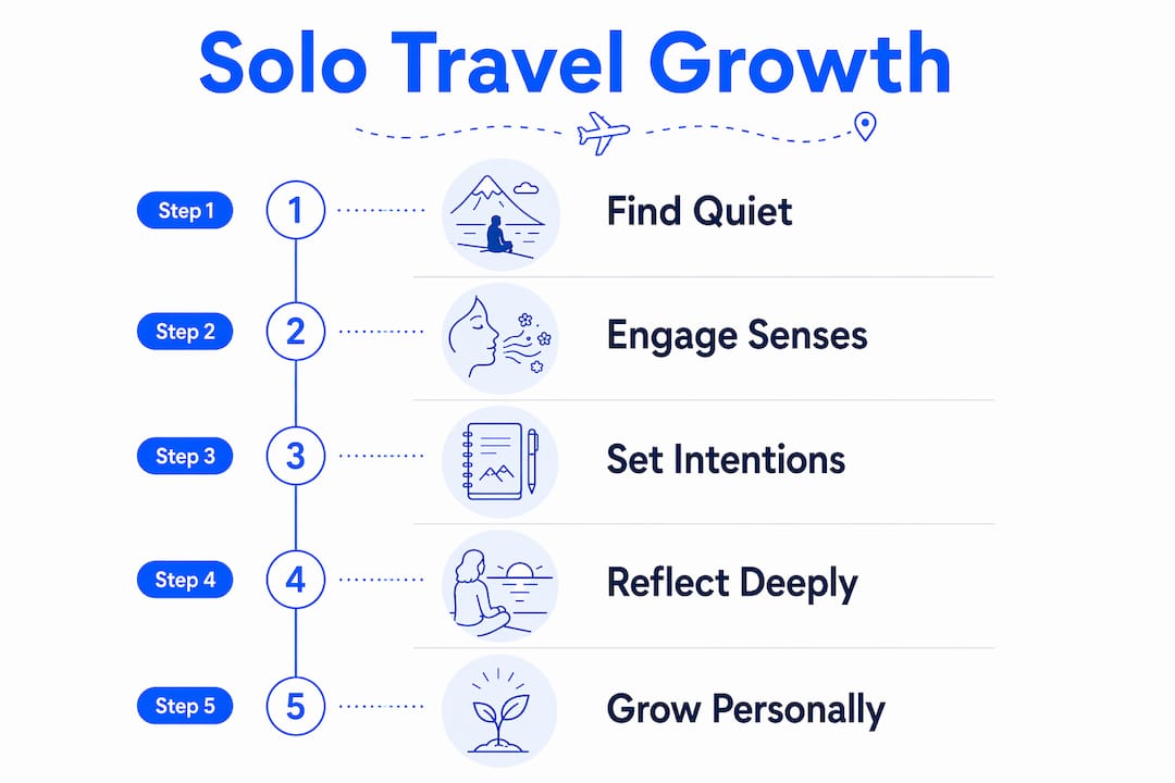 Infographic illustrating 5 steps of solo nature travel benefits
