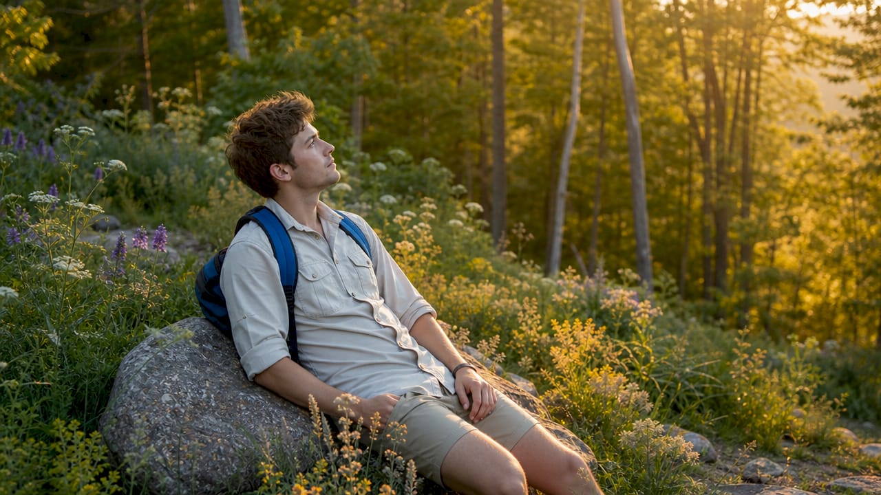 Young man reflecting beside mountain stream