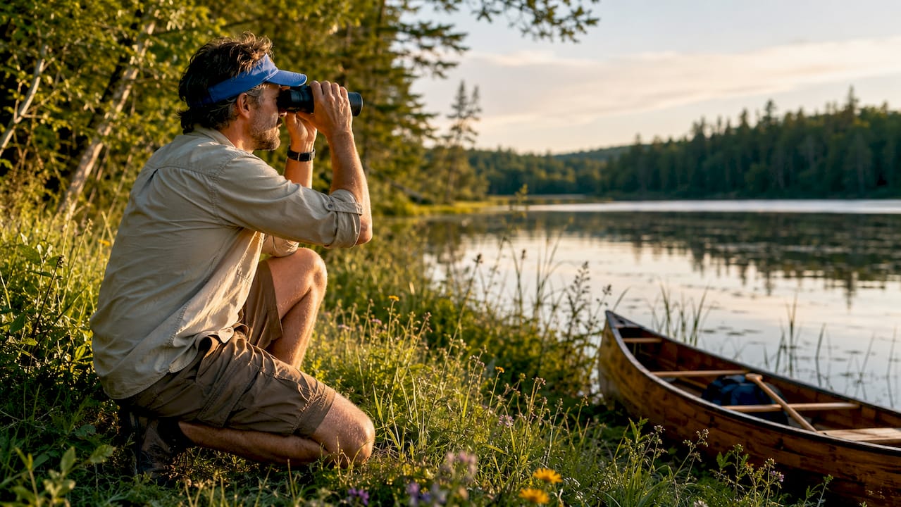 Volunteer observing wildlife with binoculars outdoors