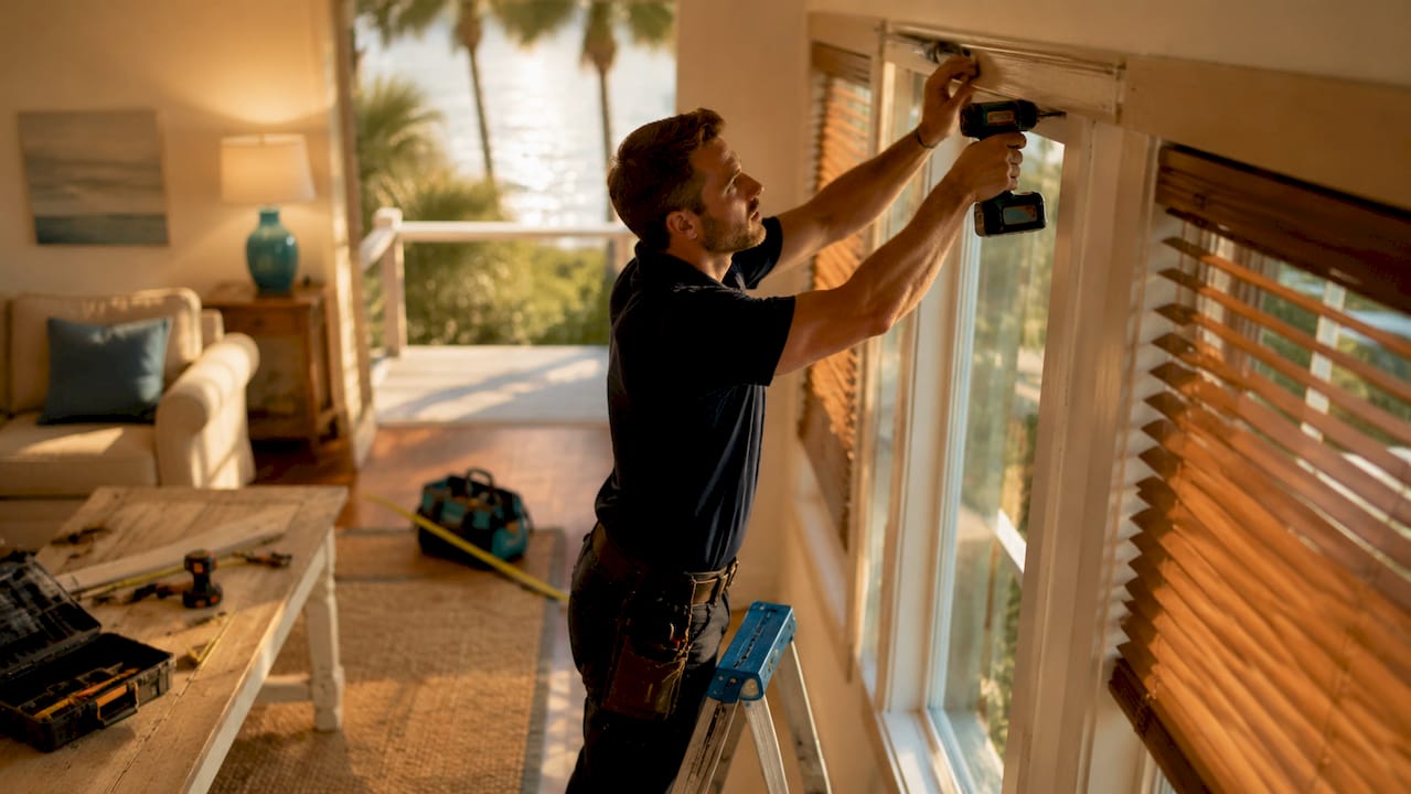 Installer fitting wooden blinds indoors