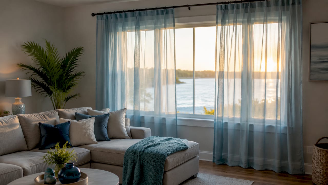 Window with ready-made curtains on tension rod