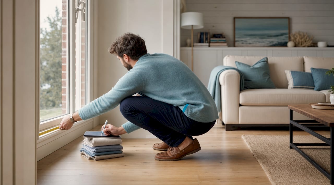 Person measuring large apartment window