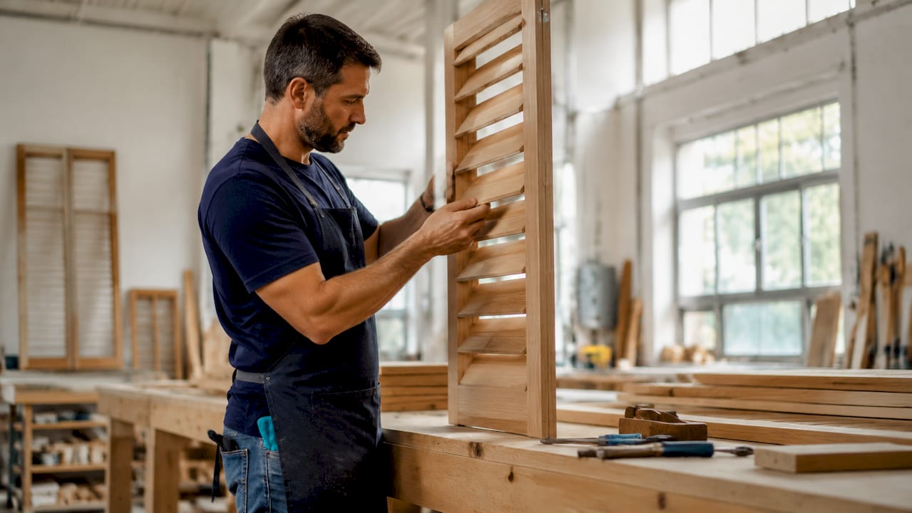 Craftsman adjusting custom wooden shutters