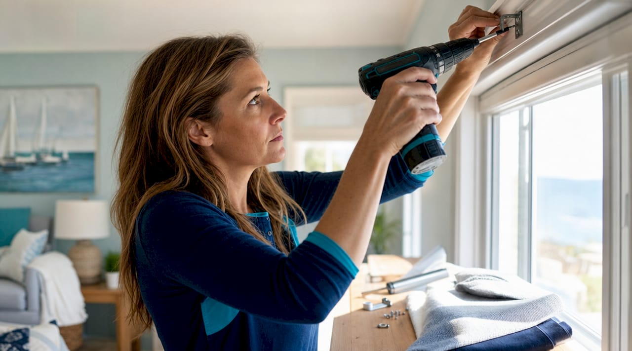 Technician fitting blind bracket with drill