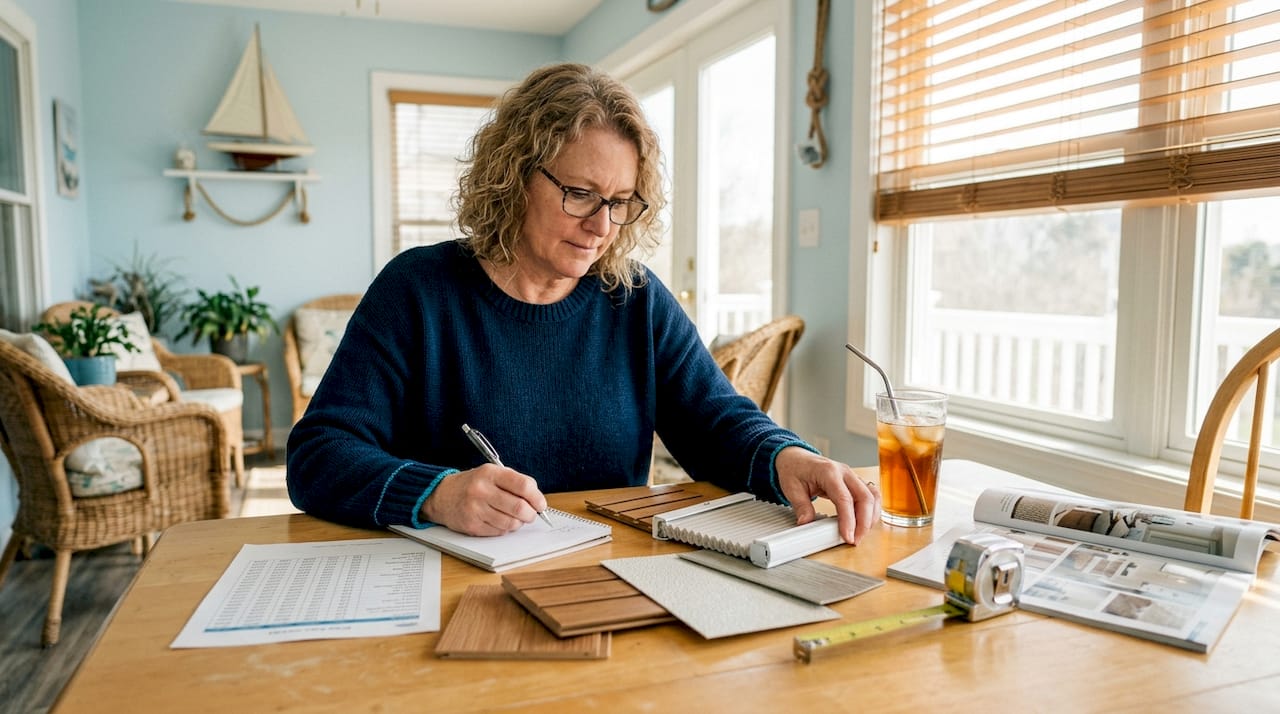 Woman selecting budget blinds at kitchen table