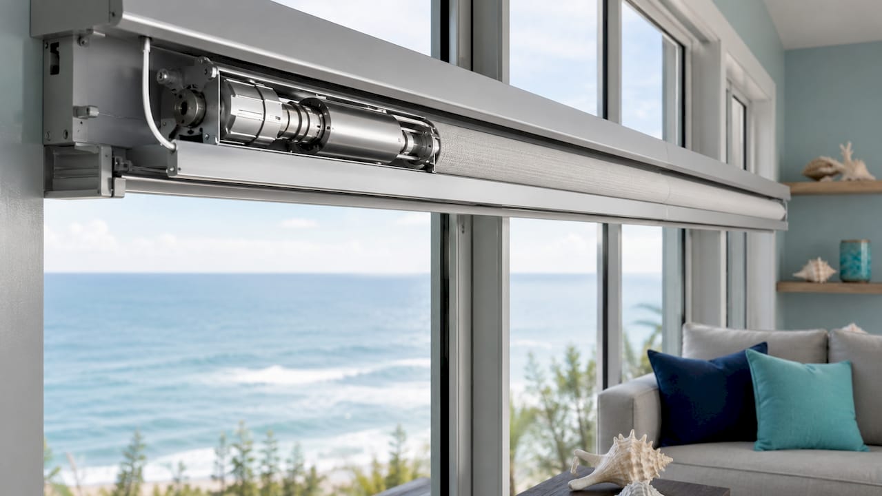 Close-up of motorized blind headrail and motor