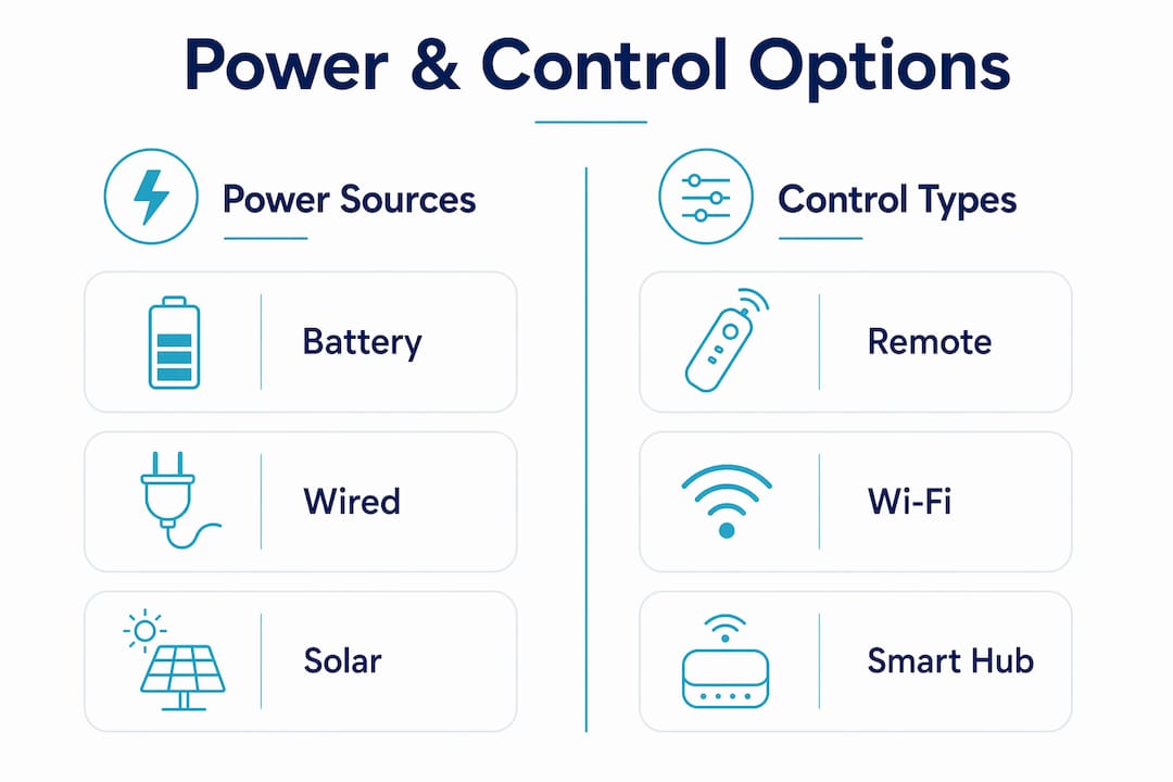 Infographic comparing motorized blinds power sources and controls