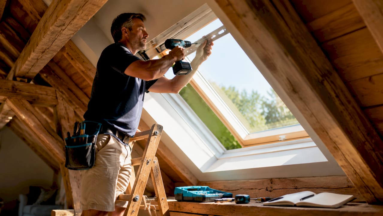 Man installing skylight blind using drill