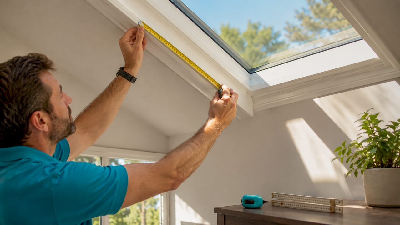 Hands measuring skylight frame with tape measure