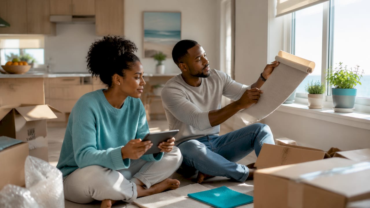 Couple reviewing blinds options in new home living room