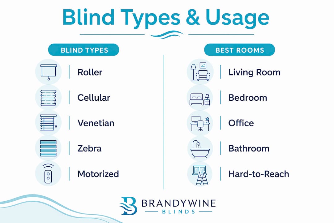 Infographic depicting blinds types alongside their ideal room uses