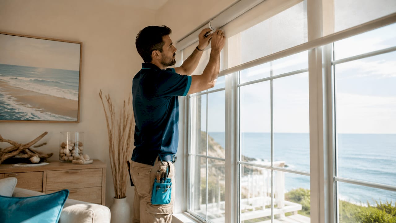 Technician installing motorized window shades