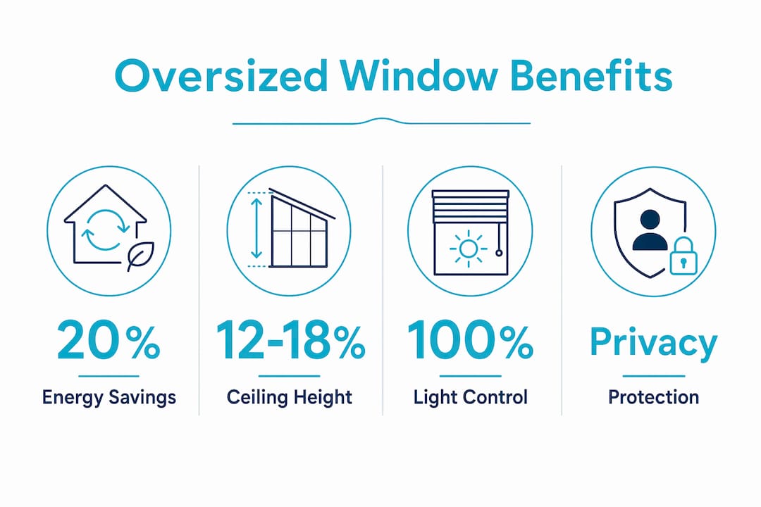 Infographic showing benefits of oversized window treatments with statistics
