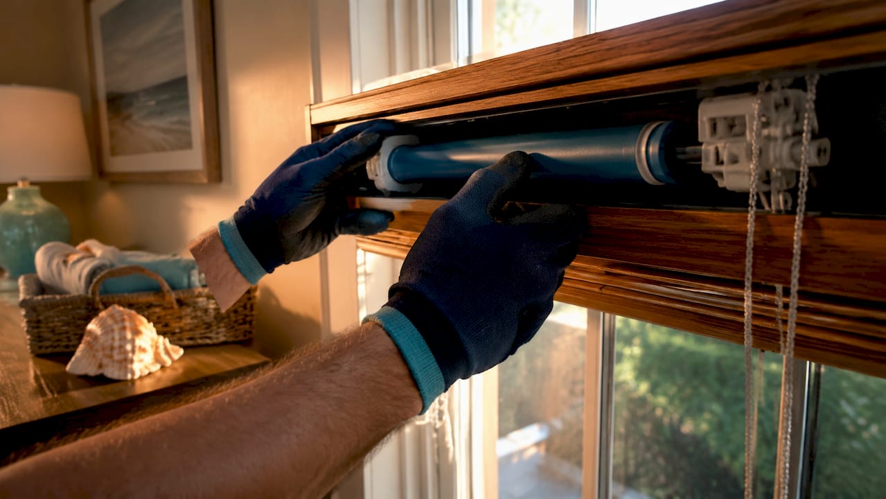 Hands installing battery-powered blind motor