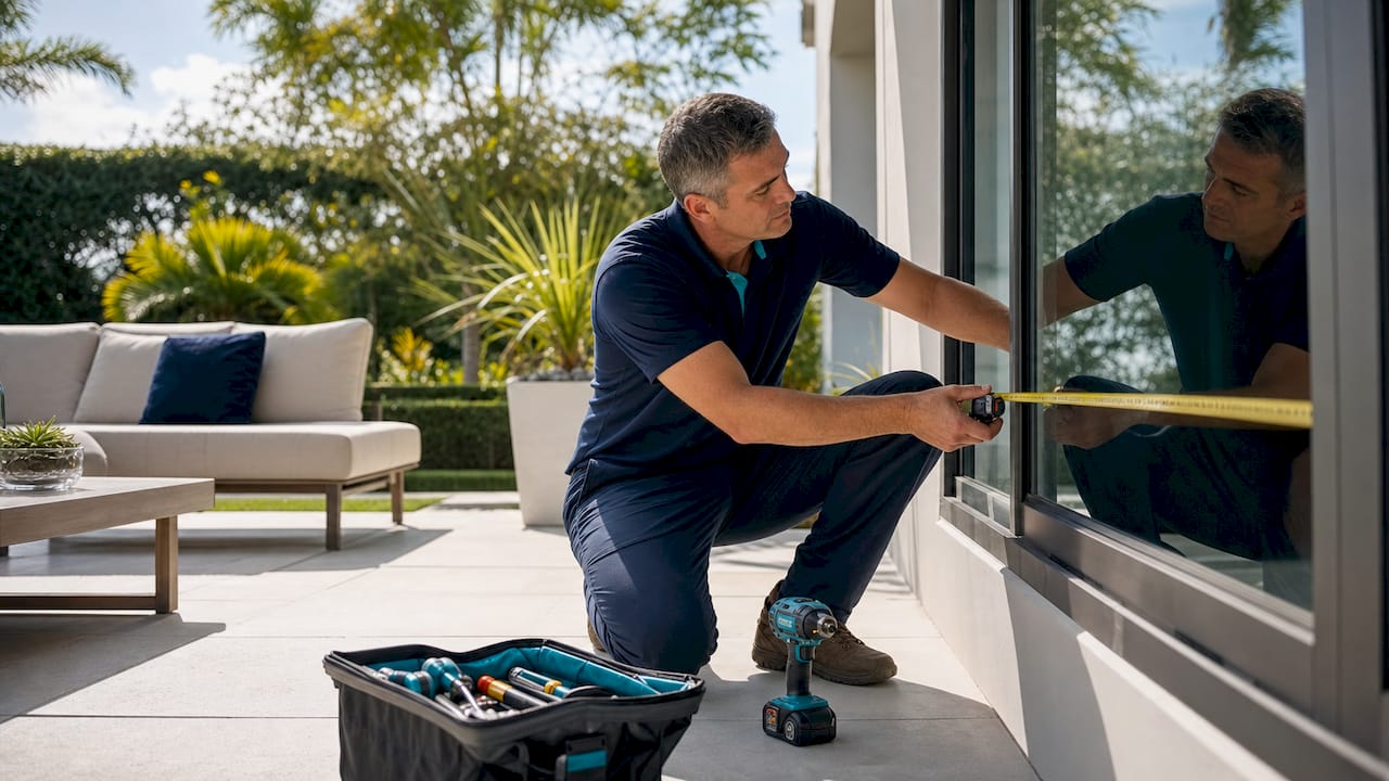 Technician measuring window for blind installation