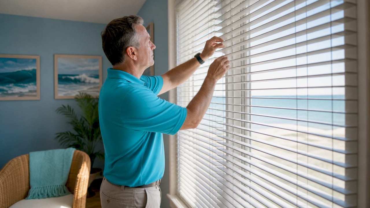 Hands adjusting horizontal blinds in home office