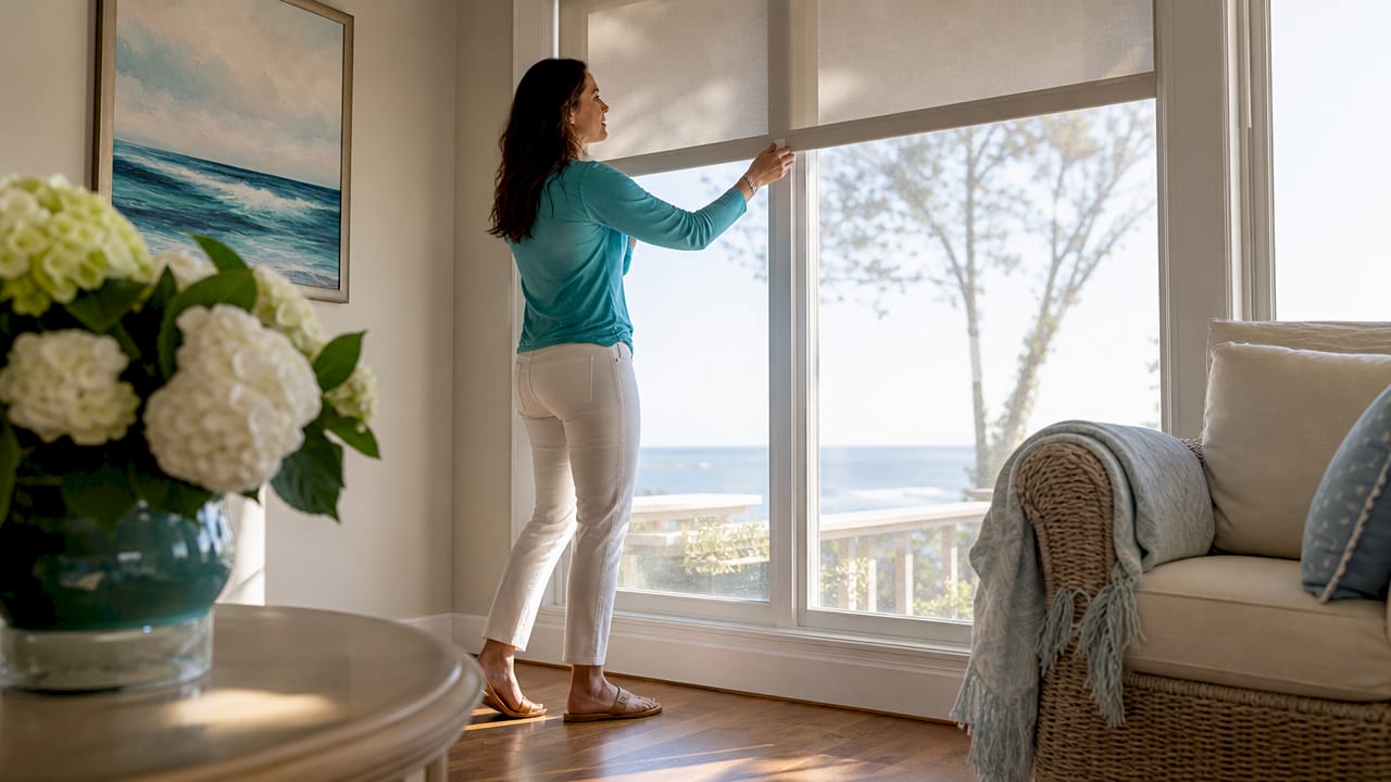 Woman adjusting roller shade in bright living room