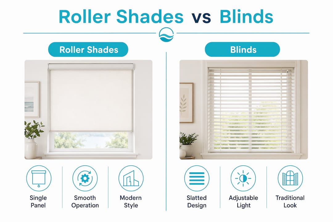 Infographic comparing roller shades and blinds key features