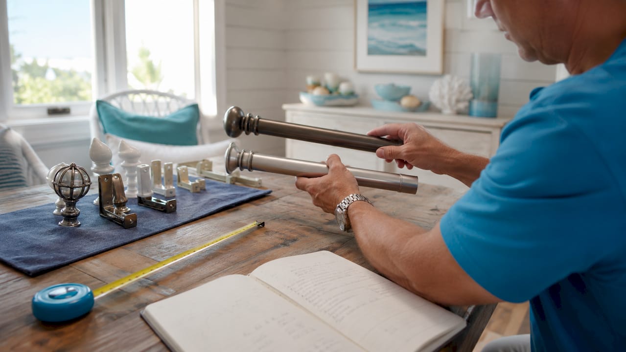 Hands comparing different curtain rods and hardware samples