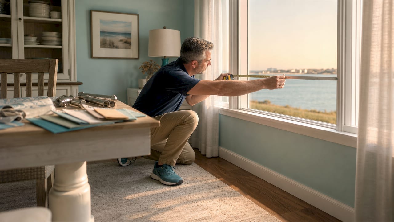 Man measuring window frame width with tape measure