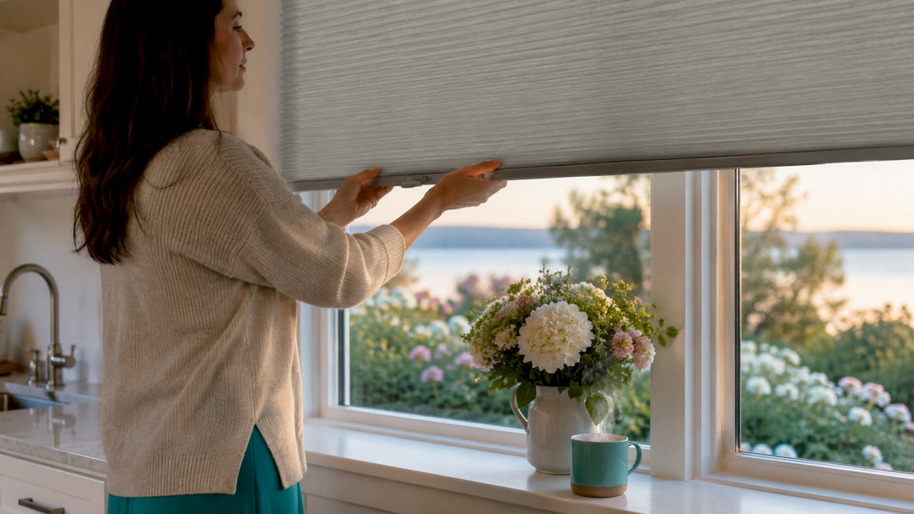 Hands lowering cellular shades on bedroom window
