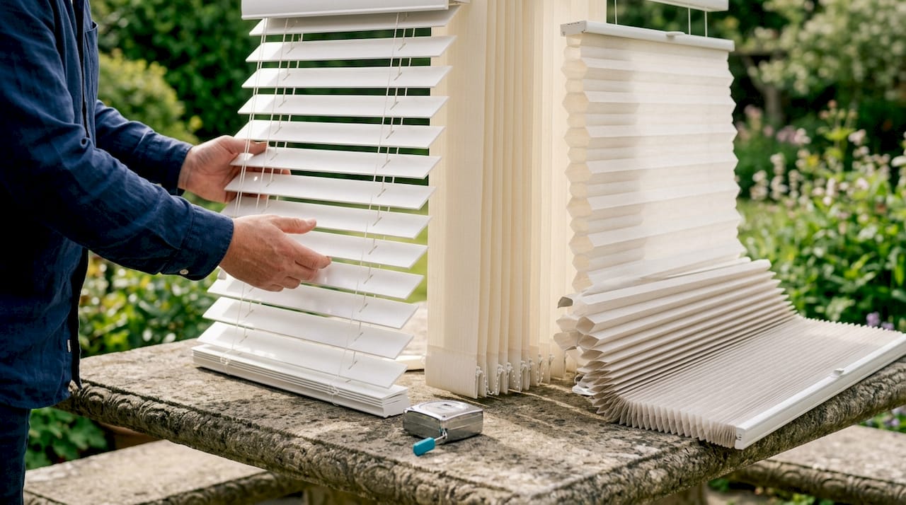 Hands examining various custom window blind samples