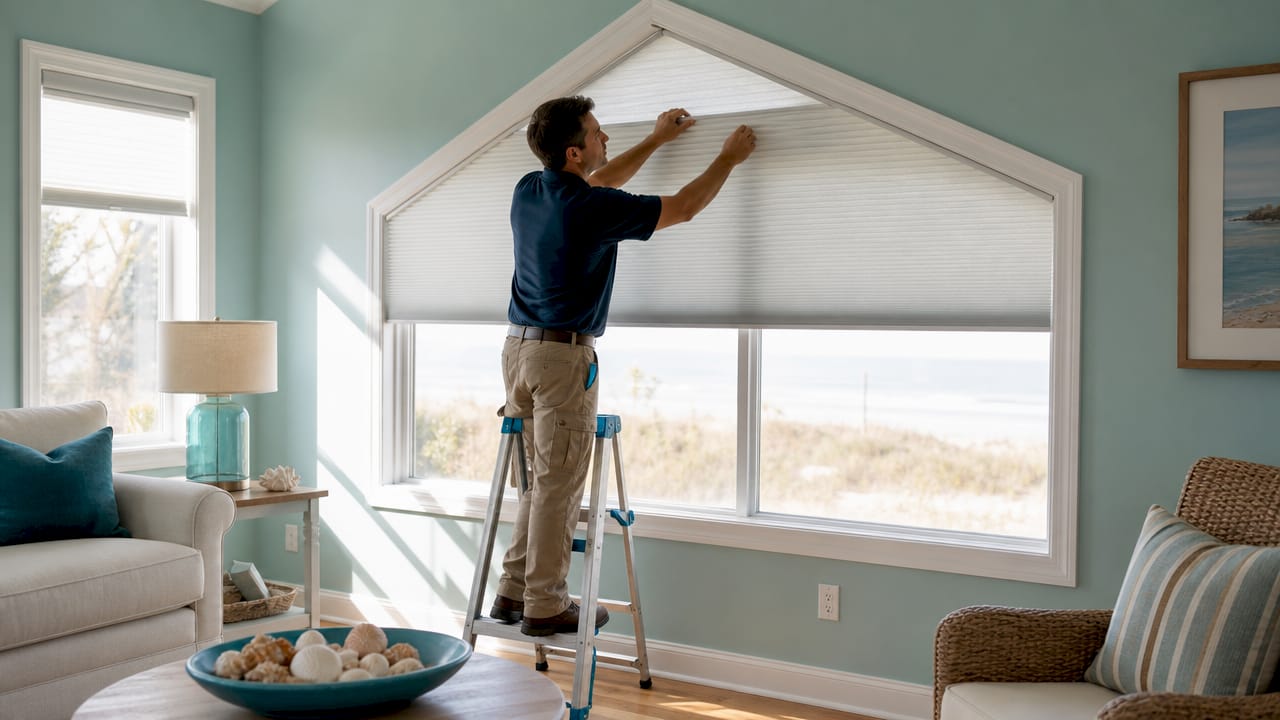 Hands installing cellular shades on trapezoid window