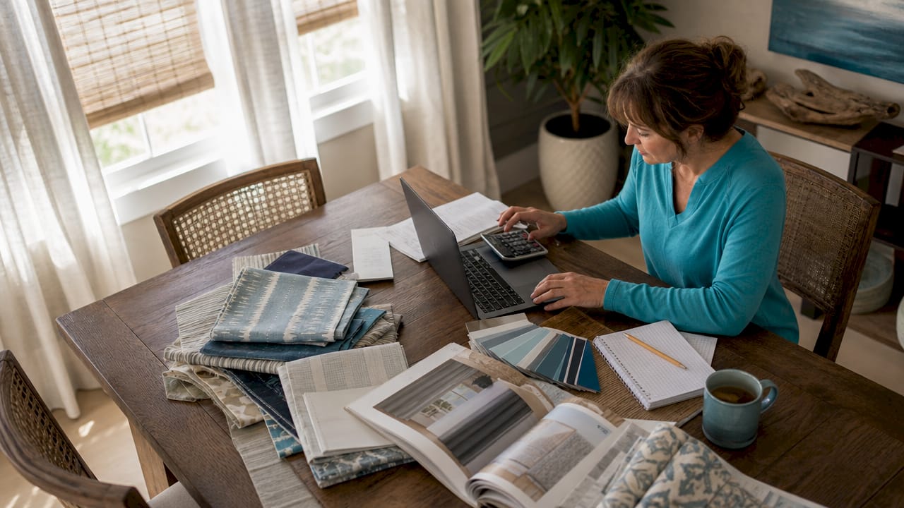 Woman budgeting window treatment costs at kitchen table