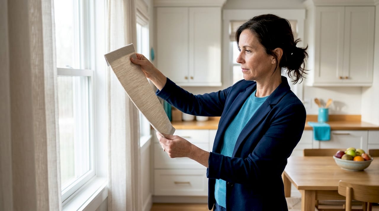 Woman inspecting custom blind material by window