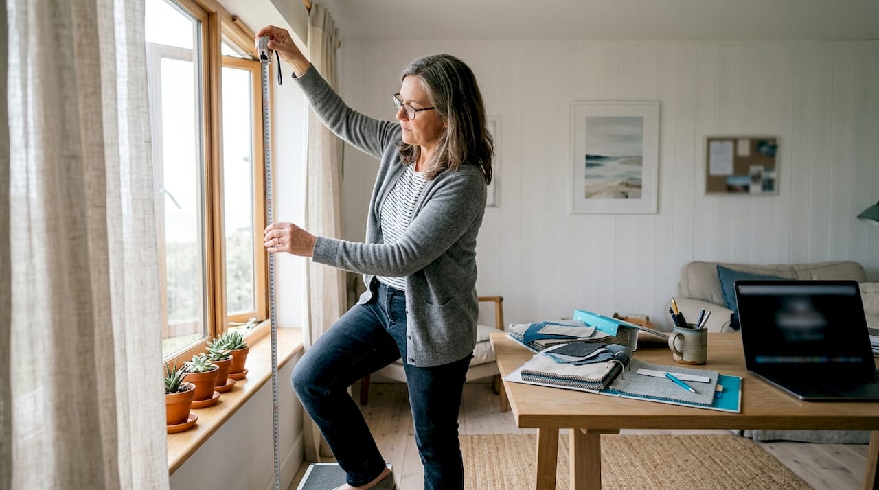 Woman measuring window for custom blinds