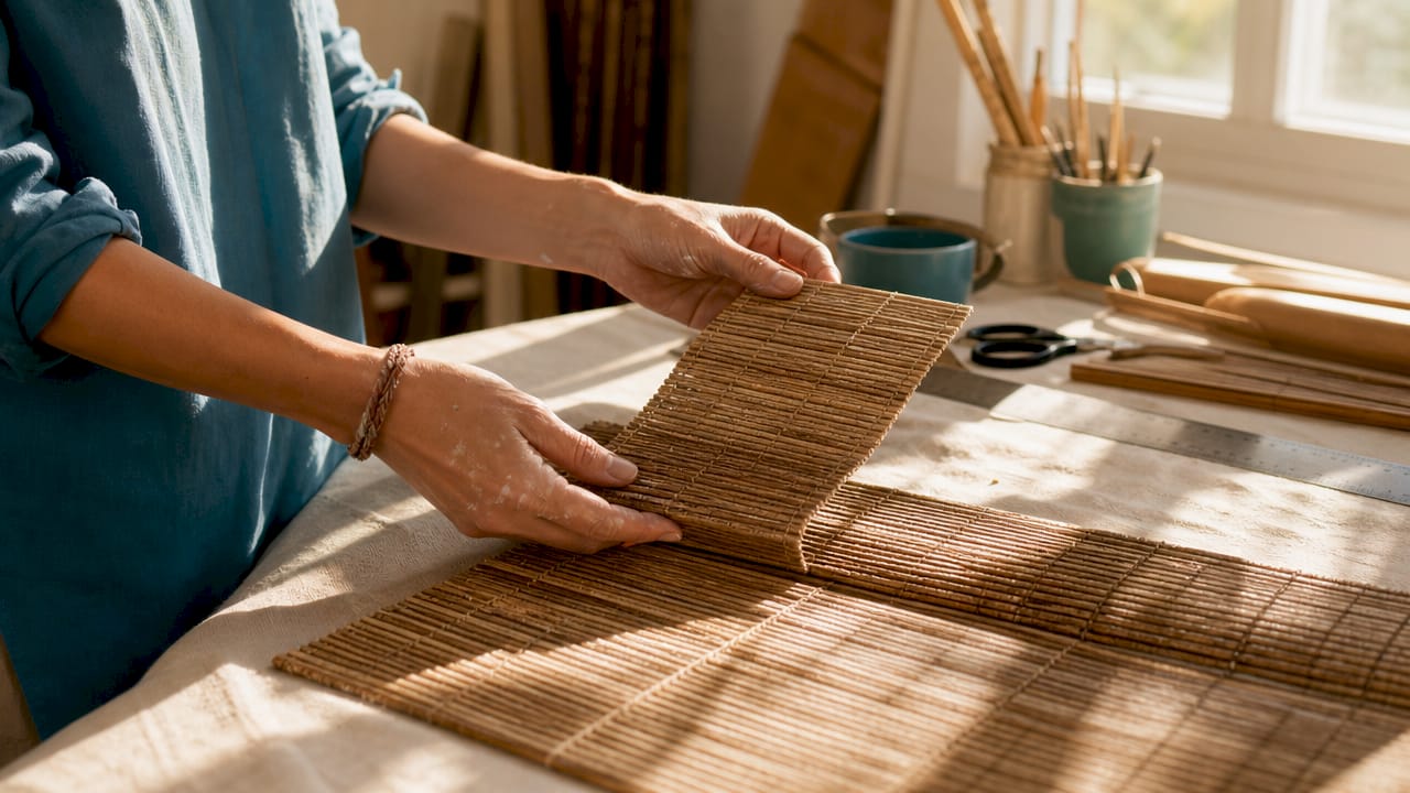 Close-up of hands examining custom blind materials