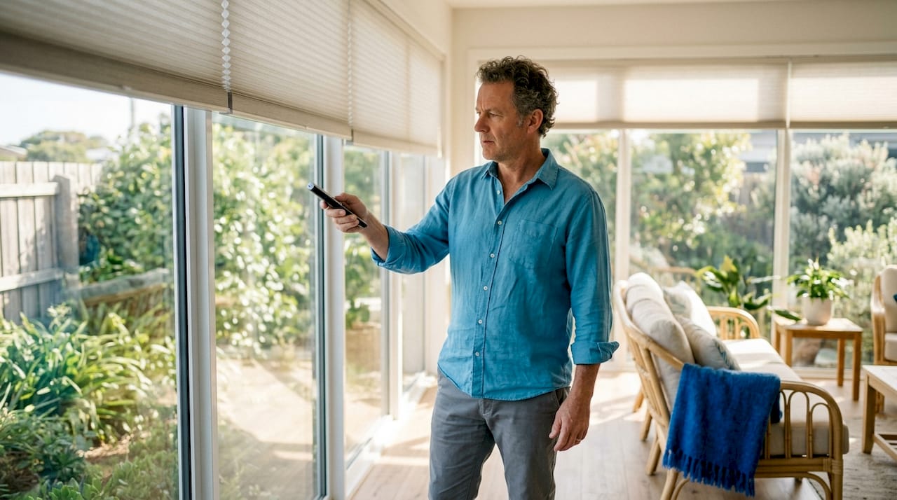 Man controlling motorized blinds in living room