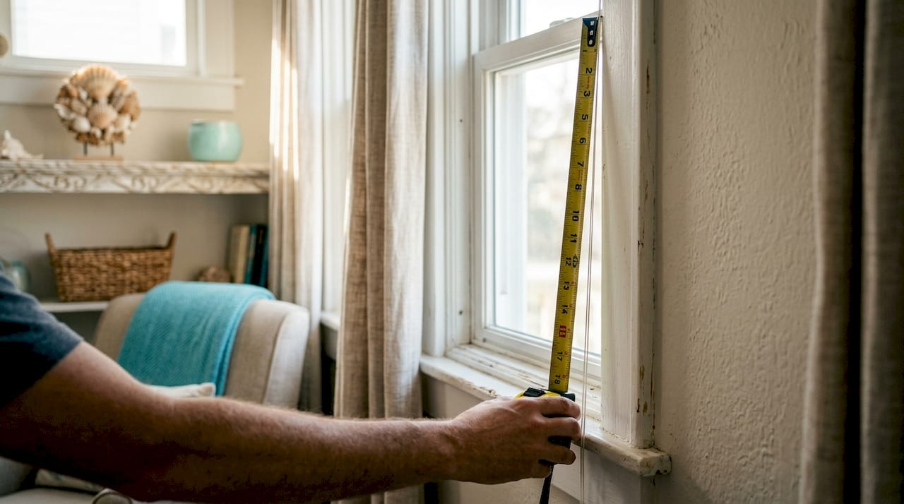 Close-up of hands measuring window with tape