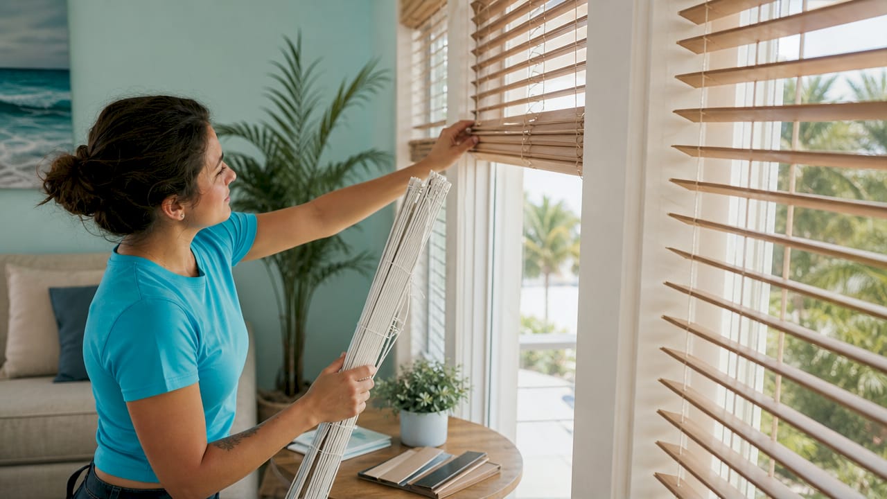 Hands replacing vinyl window blinds in kitchen