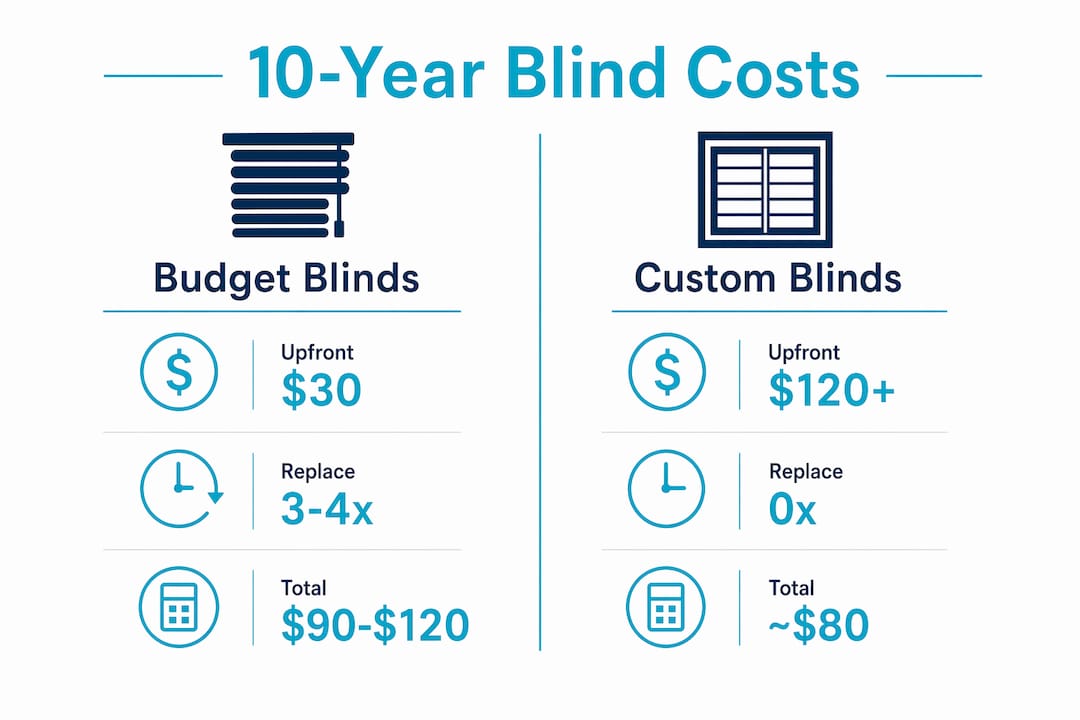 Infographic comparing 10-year costs of cheap and custom blinds