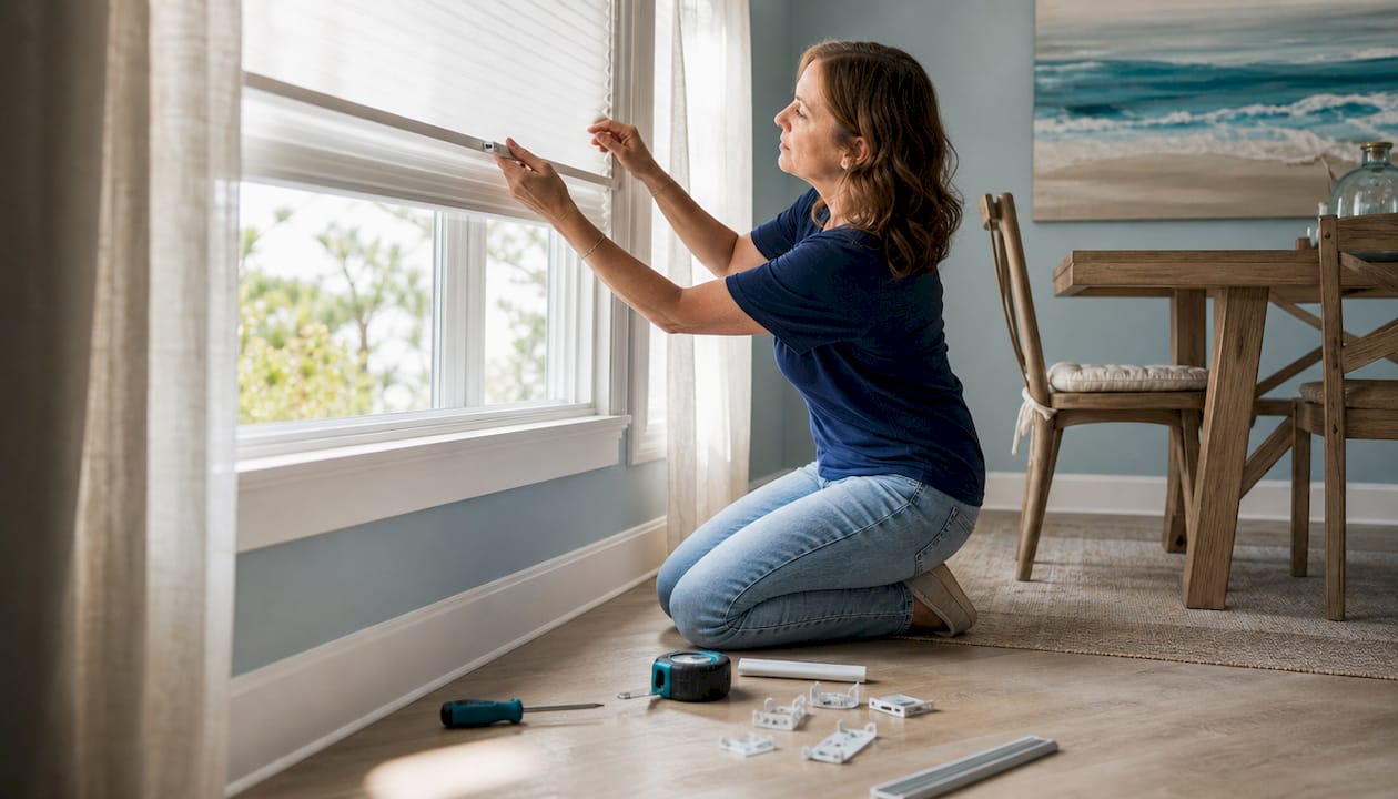 Woman installing window blinds in home