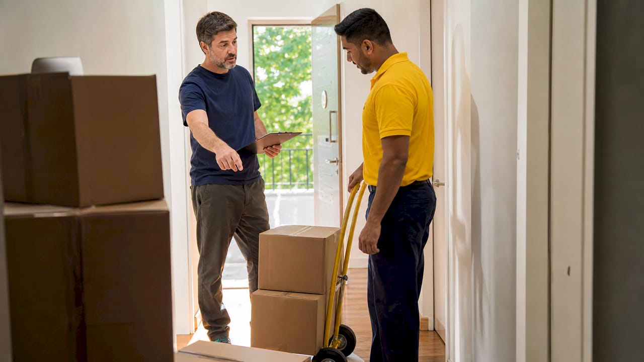 Tenant coordinating movers loading boxes on move-day