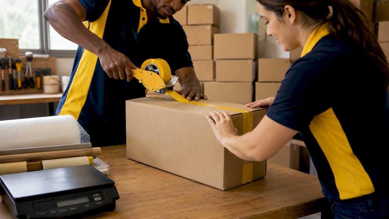 Close-up of packers sealing and labeling boxes