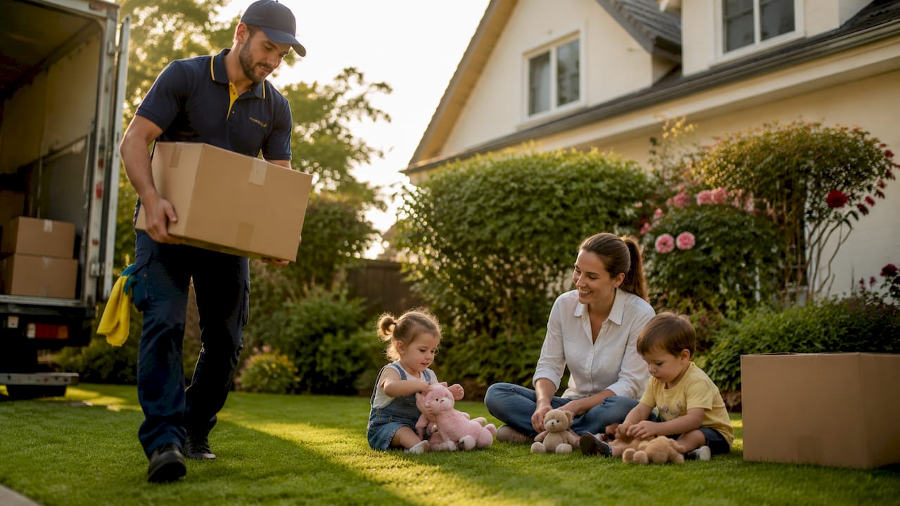 Professional movers for large families: a smart move 1 Mover carrying box as mother watches toddlers