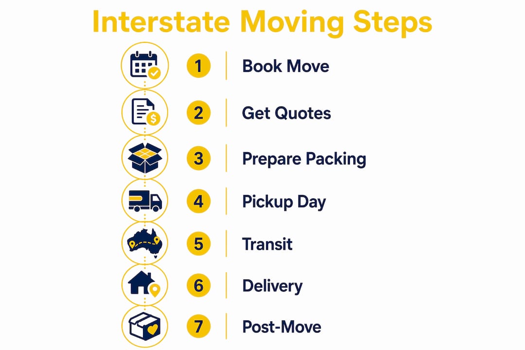 Interstate home moving process explained for 2026 2 Infographic illustrating seven interstate moving steps