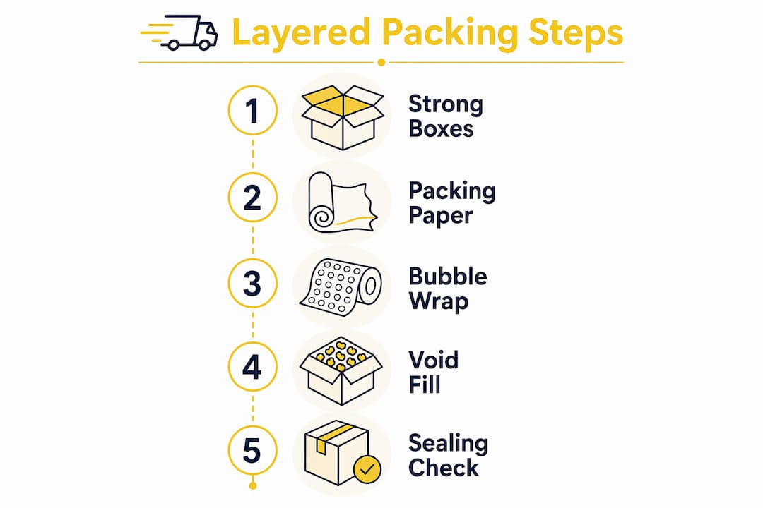 Infographic showing layered packing protection steps
