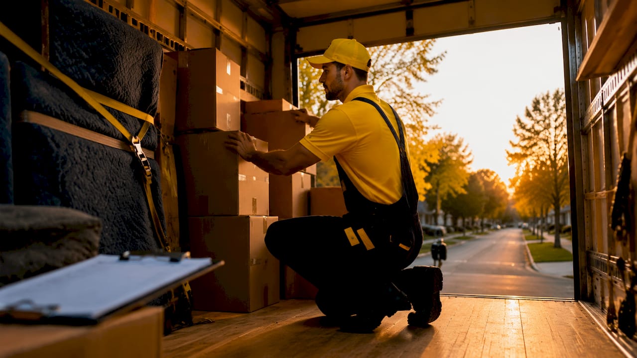 Mover stacking labelled boxes inside moving truck