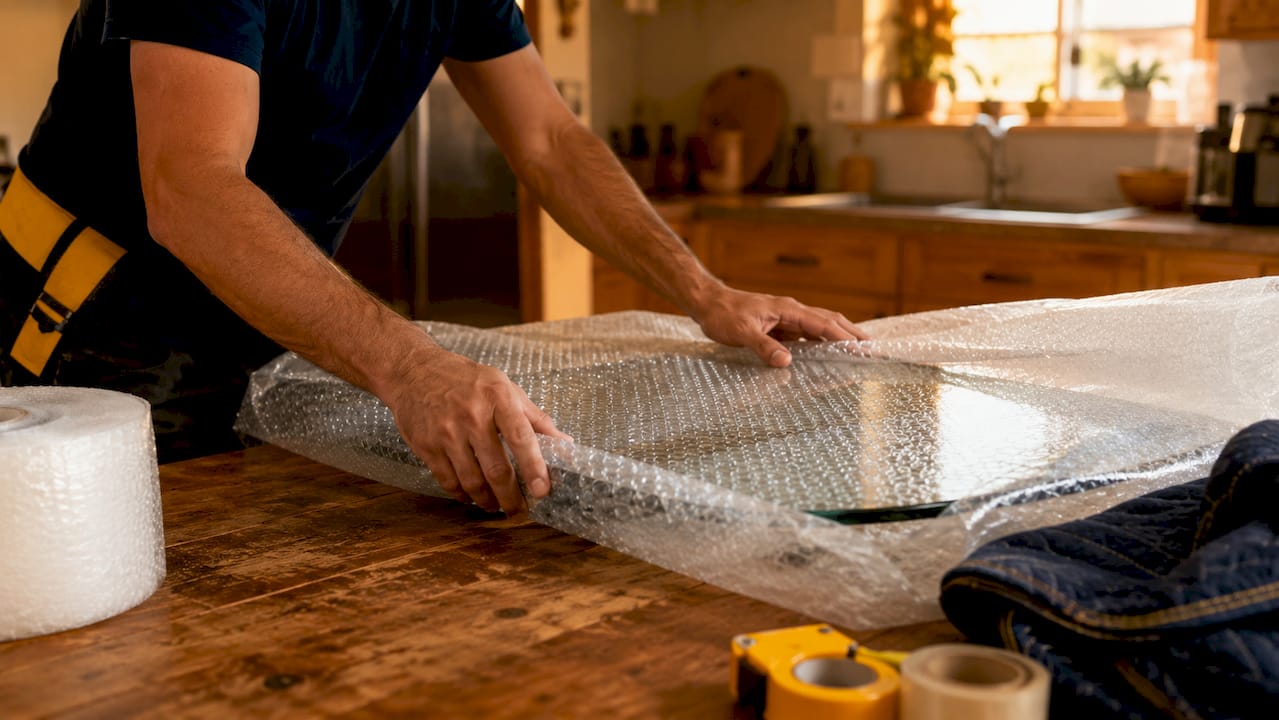 Hands wrapping glass tabletop with bubble wrap
