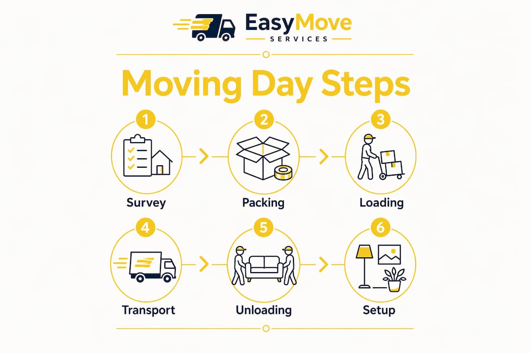 Infographic illustrating moving day process steps