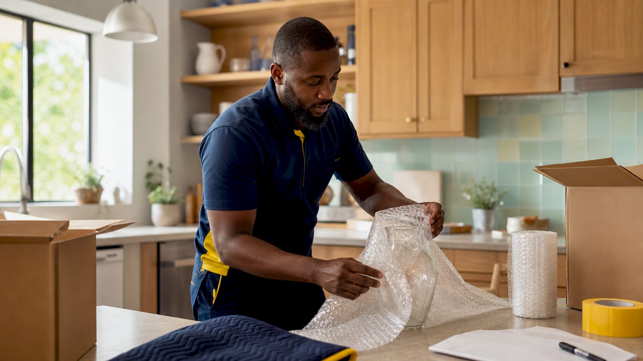 What is a professional home moving service? 1 Mover packing fragile items carefully