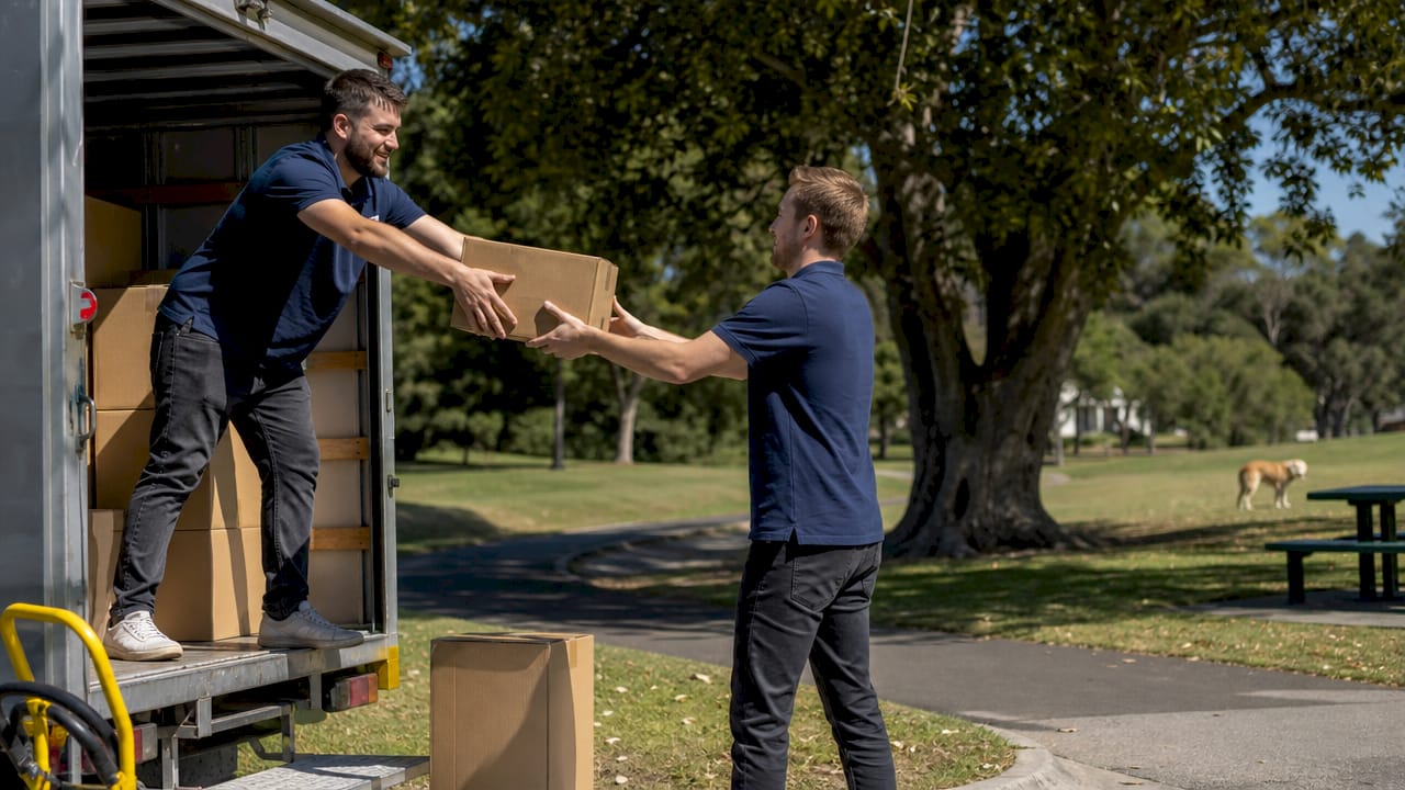 Casual movers unloading boxes in city