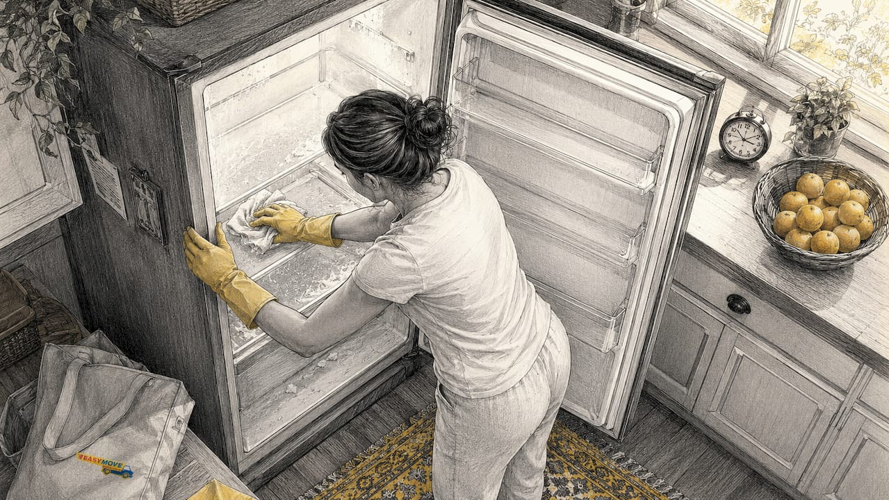 Person cleaning inside defrosted refrigerator