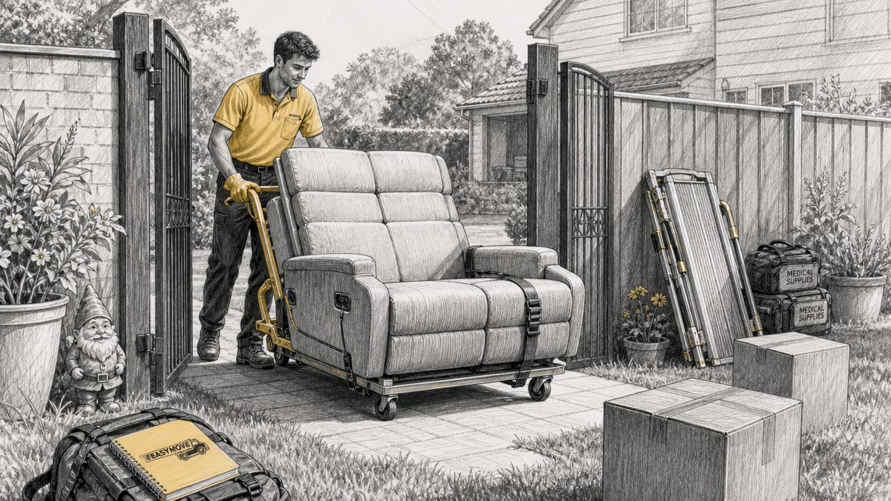 Mover guiding wheelchair-accessible sofa through doorway