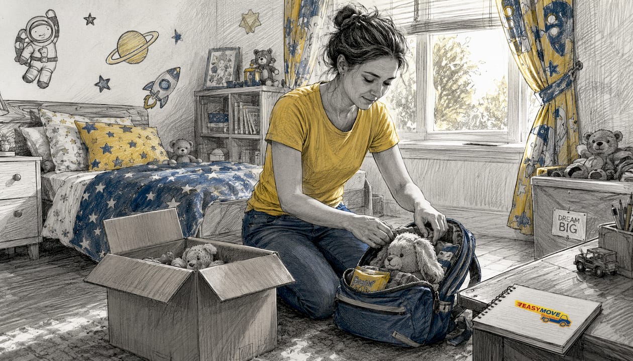 Parent packing children's comfort kit in living room